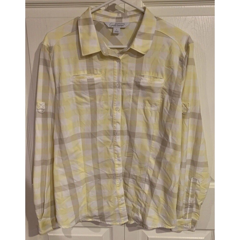 Gander Mountain Guide Series Blouse Womens L Yellow Plaid Vented Long Sleeve